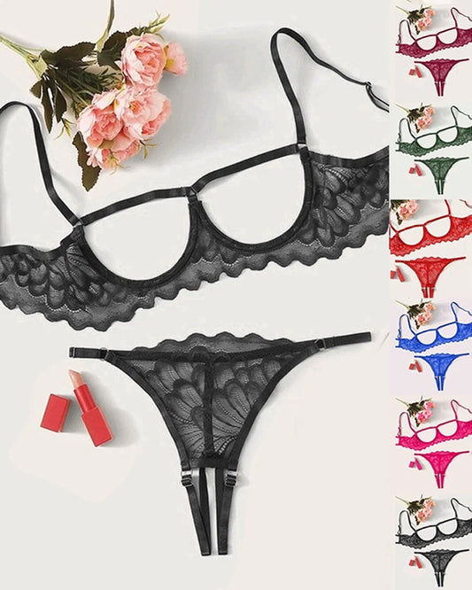 Sexy Lace Hollow Anti-Sagging Bra and Crotchless Thong Set