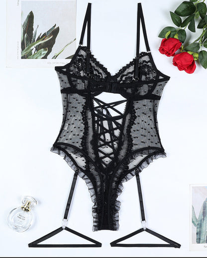 Sexy Floral Polka Dot Lace Sheer Mesh Cutout Camisole Bodysuit Lingerie