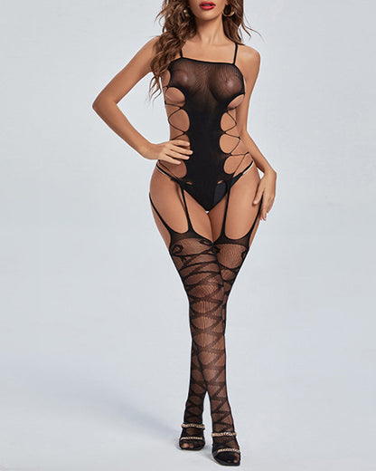Sexy See-Through Mesh Bodysuit with Stockings Set