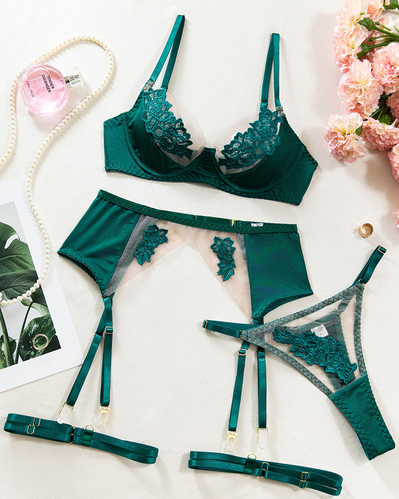 Sexy See-through Mesh Floral Embroidery Patchwork Push-up Bra and Thong Lingerie Set