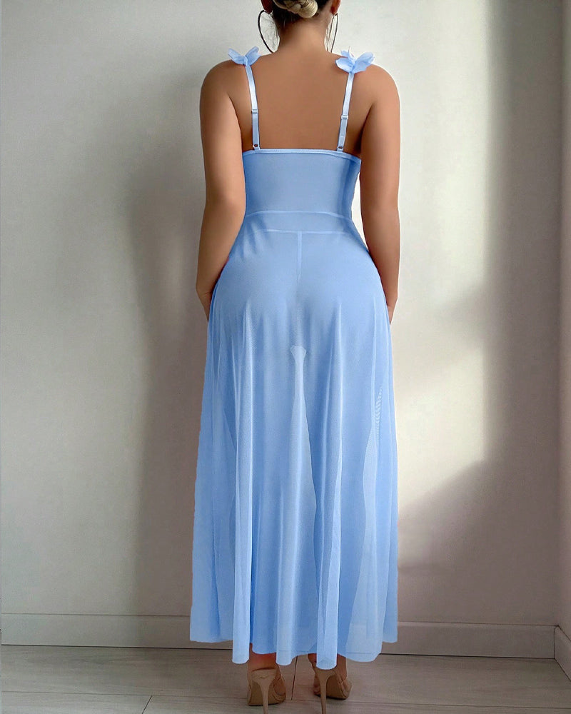 Sexy Low-Cut Floral See-Through Mesh Suspender Maxi Dress Set