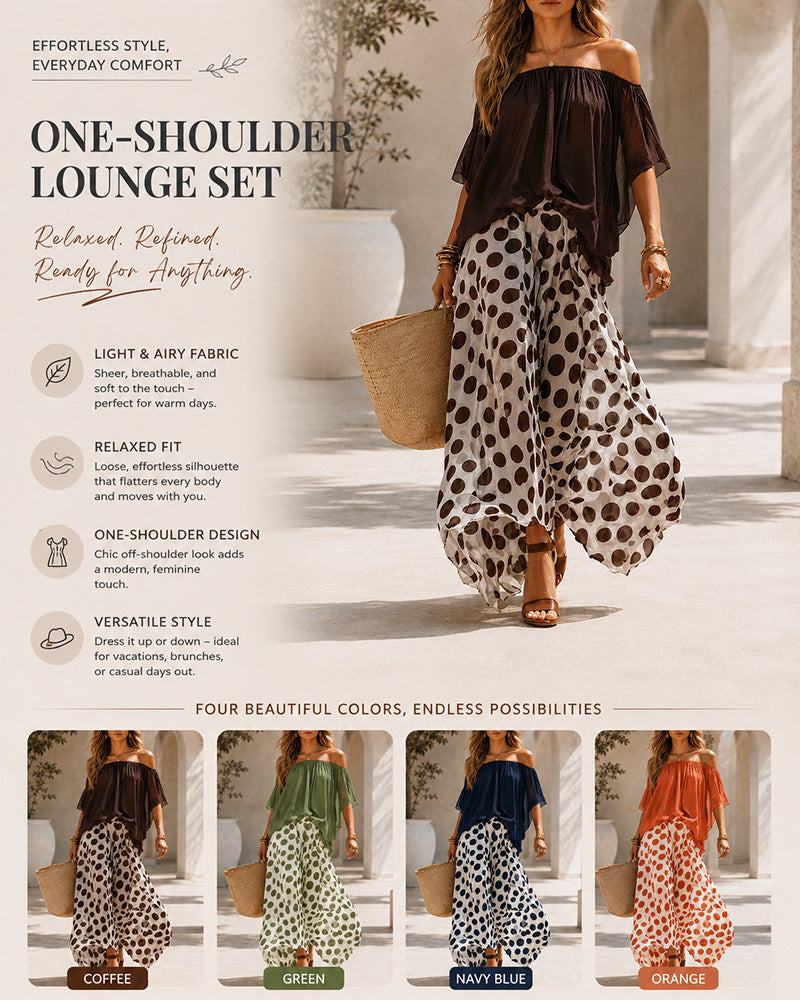 Casual Colorblock Chiffon Off-Shoulder Top and Polka Dot Wide-Leg Pants Set