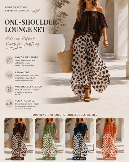 Casual Colorblock Chiffon Off-Shoulder Top and Polka Dot Wide-Leg Pants Set