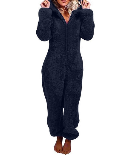 Teddy Bear Ear Zipper Hooded Plush Long-Sleeved Pants Onesie Pajamas