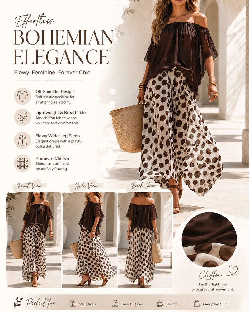 Casual Colorblock Chiffon Off-Shoulder Top and Polka Dot Wide-Leg Pants Set