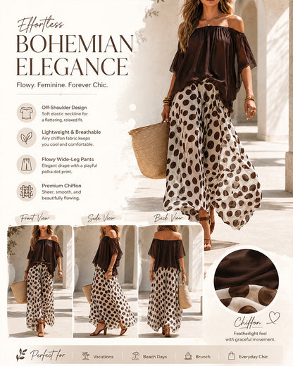 Casual Colorblock Chiffon Off-Shoulder Top and Polka Dot Wide-Leg Pants Set