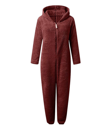 Teddy Bear Ear Zipper Hooded Plush Long-Sleeved Pants Onesie Pajamas