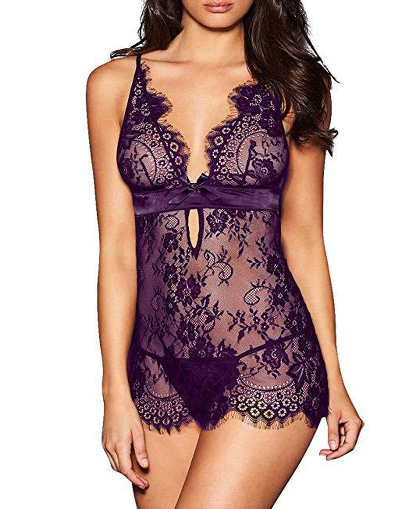 Sexy Deep V See-Through Eyelash Lace Camisole Nightgown