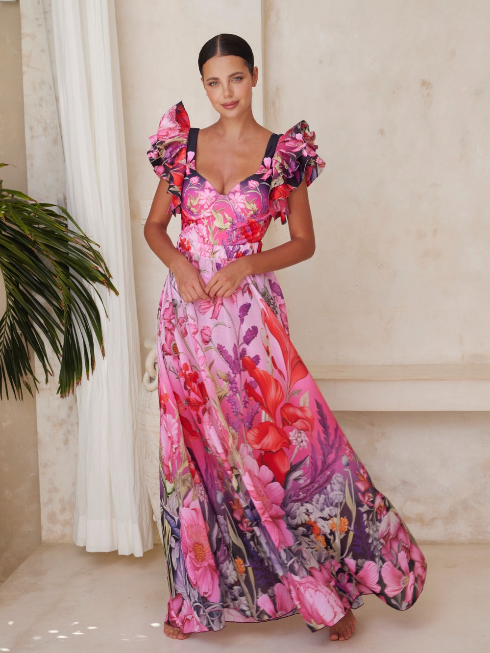 Ruffled Blooming Flowers Print One Piece Swimsuit and Sarong