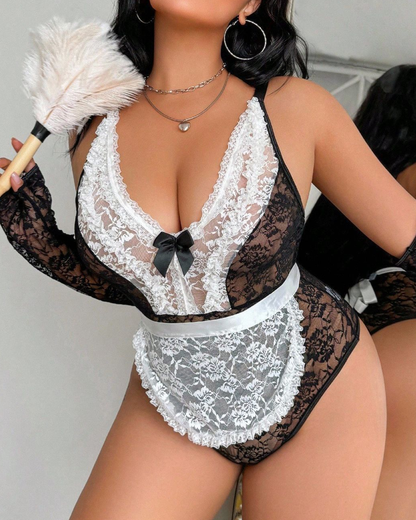 Plus Size Sheer Floral Lace French Maid Bodysuit Costume Set