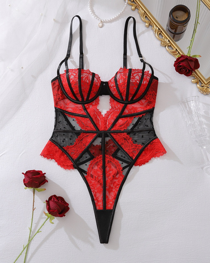 Sexy Red & Black Lace Mesh Cutout Bodysuit
