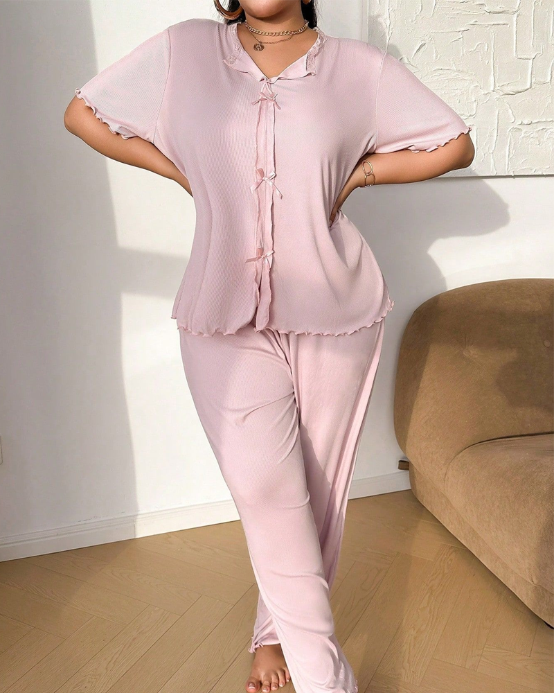 Plus Size Ribbed Lace Trim Pajama Set