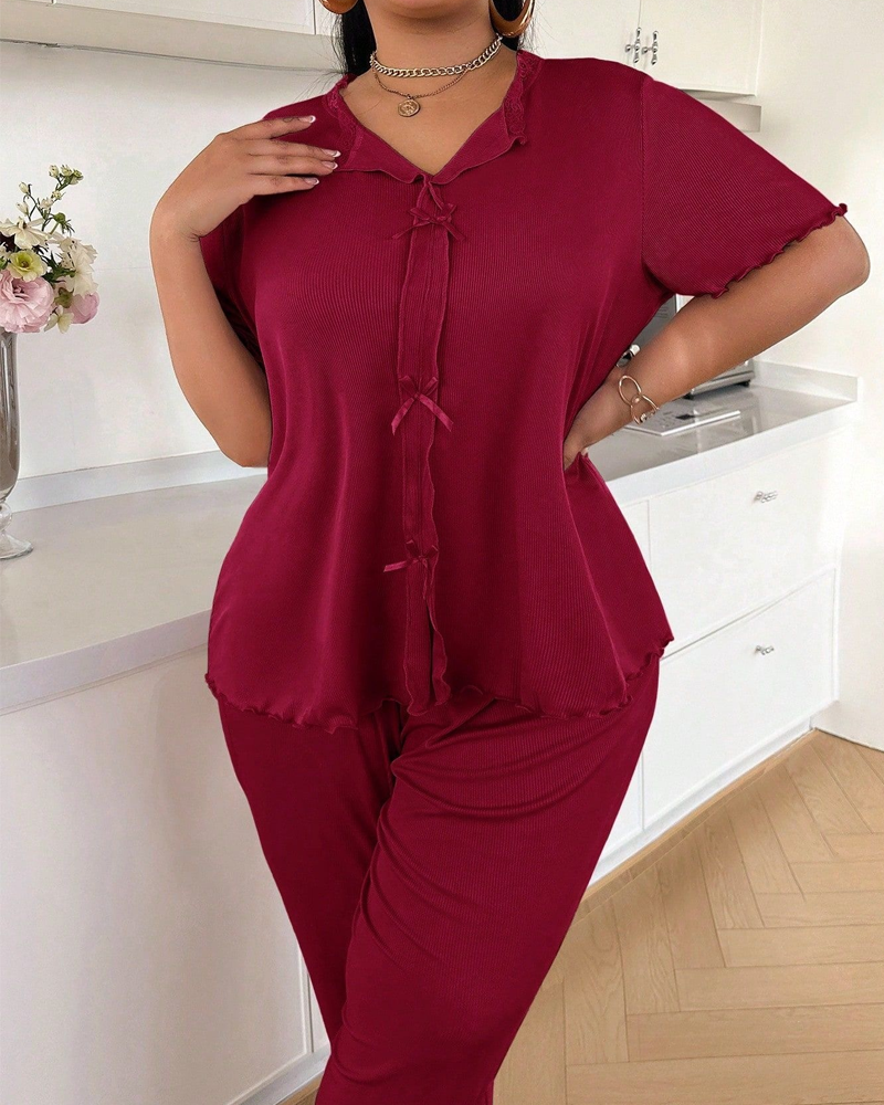 Plus Size Ribbed Lace Trim Pajama Set