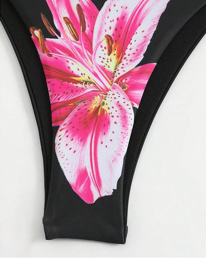Women's Bikini Sets Floral Print Halter Tie Back Swimsuit with Cover Up Skirt