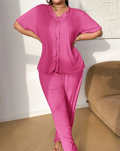 Plus Size Ribbed Lace Trim Pajama Set