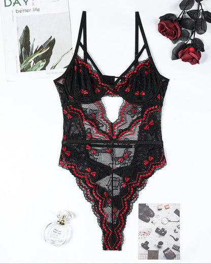 Hip Bow Hollow Sexy Lace Contrast Color Bodysuit