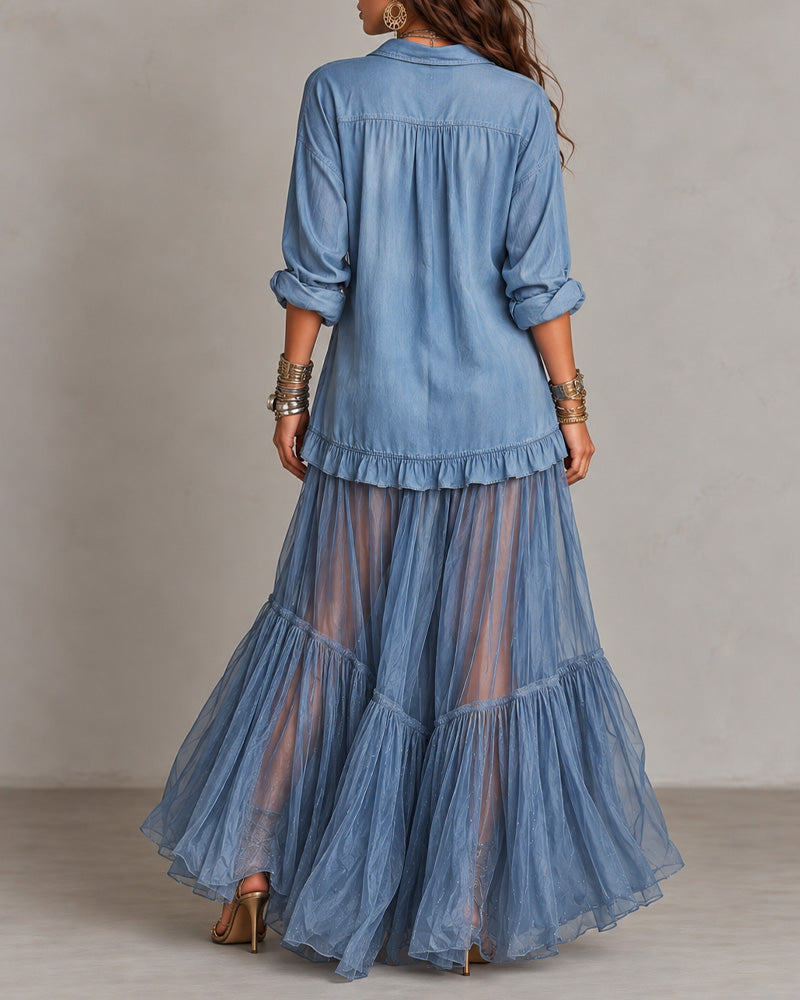 Retro Casual Lapel Faux Denim Chiffon Patchwork Long Dress