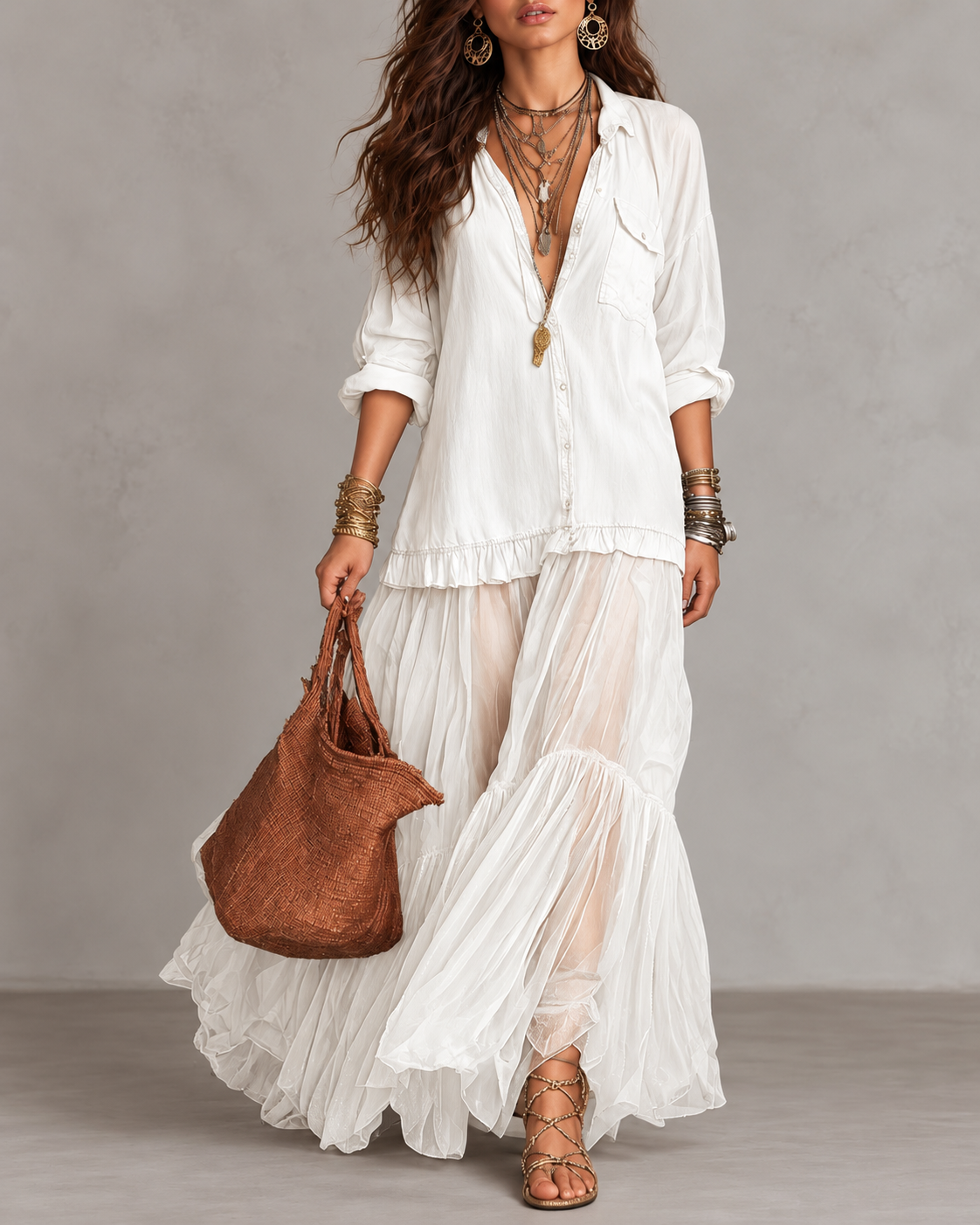 Retro Casual Lapel Faux Denim Chiffon Patchwork Long Dress