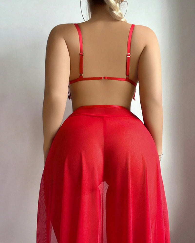 Tassel-decorated Deep V-neck Bra and High-slit Long Skirt Lingerie Set