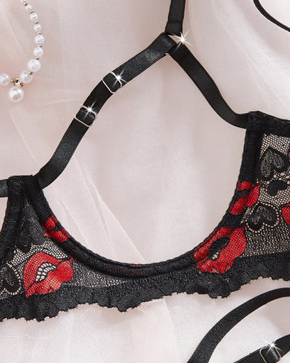 Sexy Lace Red Lip Print Cut-out Bra and Open-crotch Thong Lingerie Set