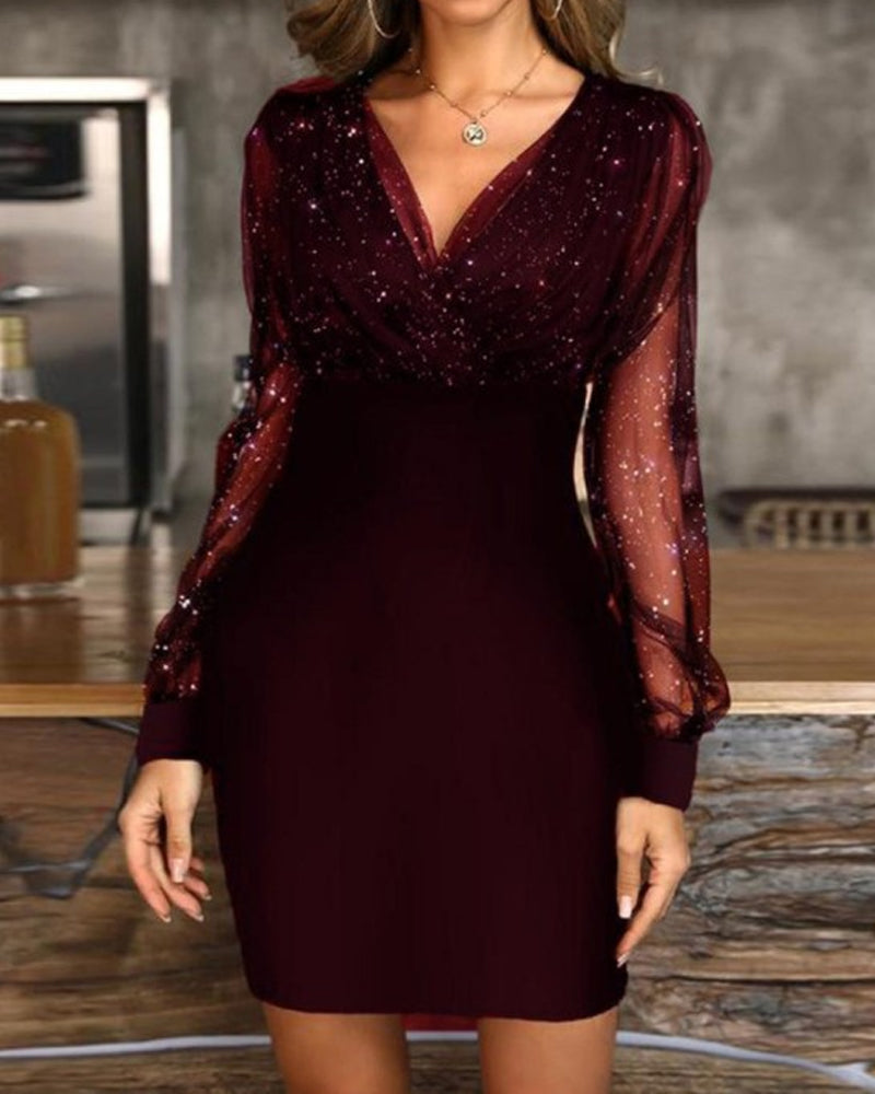 Sexy Slim Fit Mesh V-neck Sequined Dress