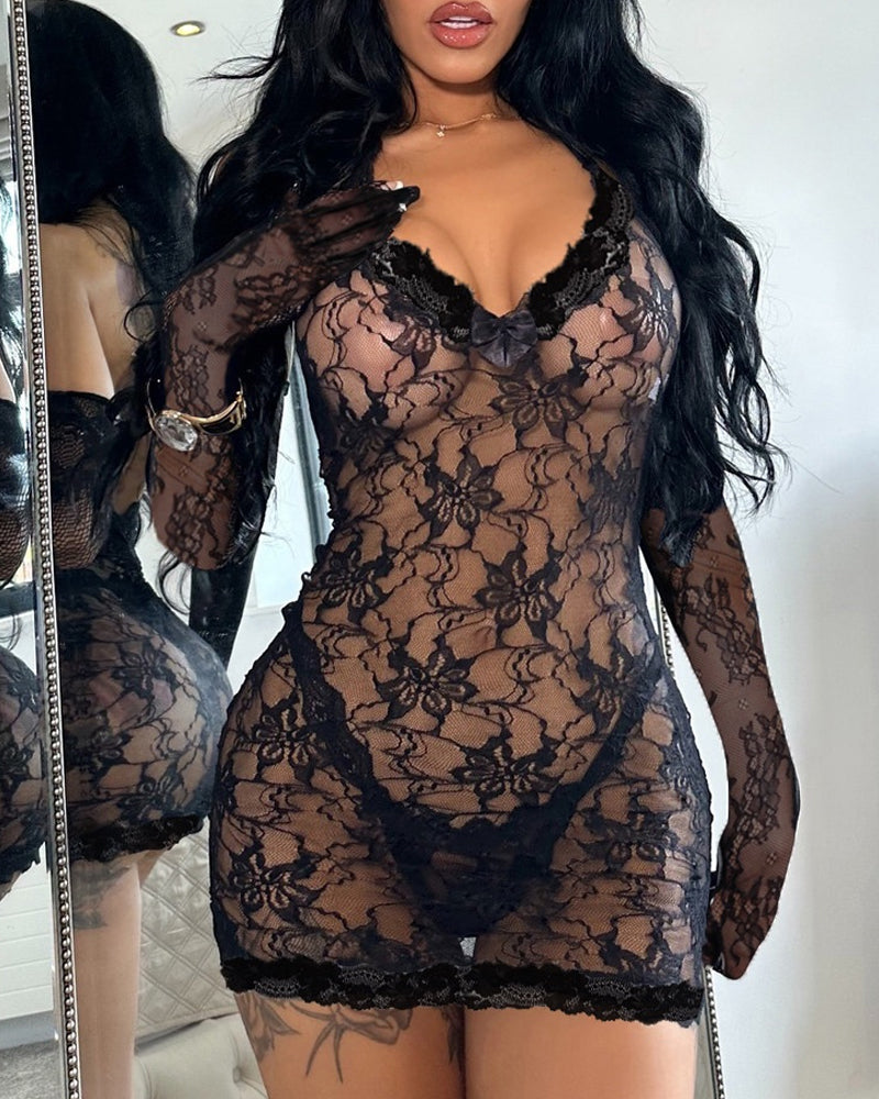 Deep V-neck Halter-neck Backless Floral Lace Sheer Bodycon Nightgown with Gloves