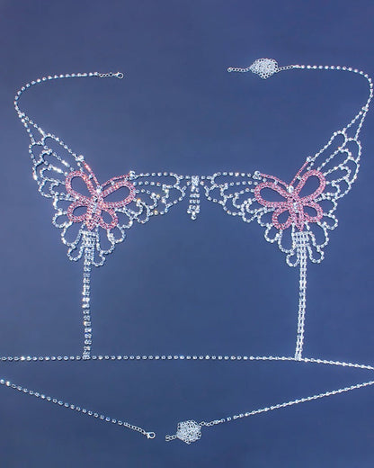 Sexy Butterfly Tassel Rhinestone Bra and Panty Body Chain Set