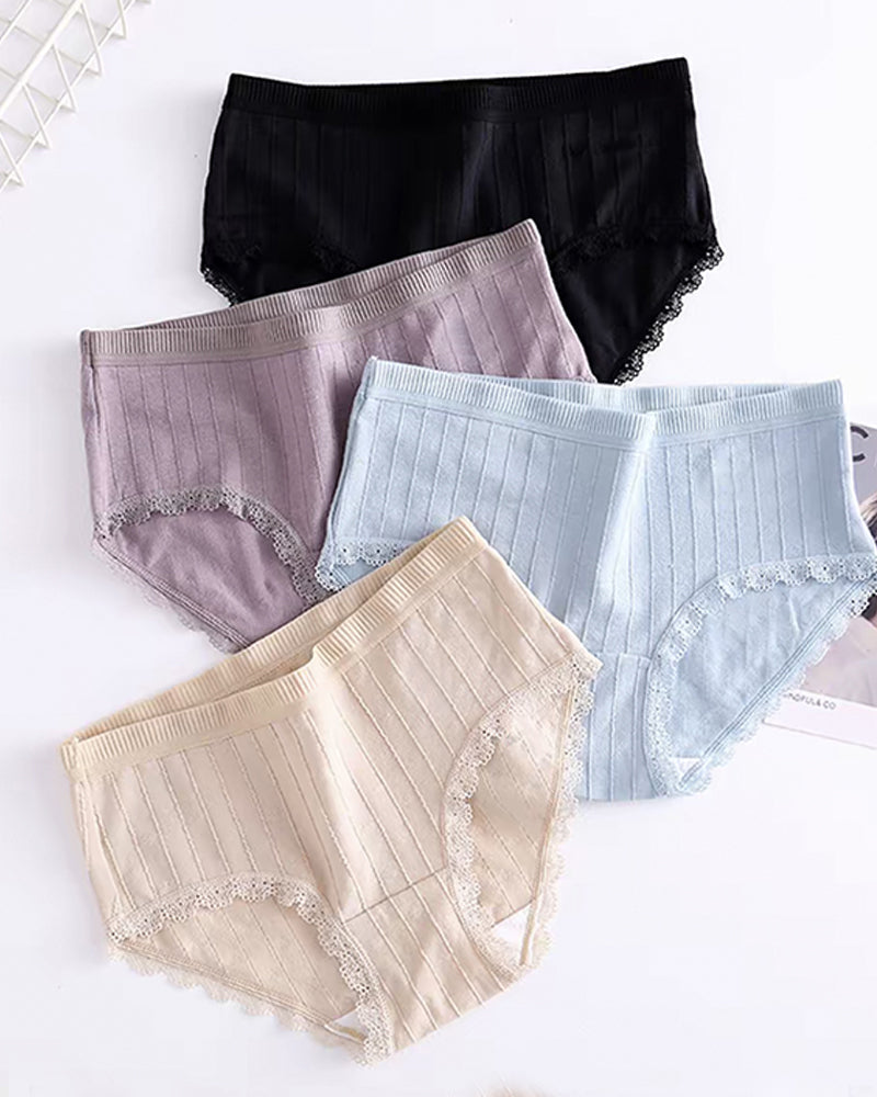 Multi-Pack Women's Mid-Waist Lace Striped Heart Antibacterial Cotton Panties