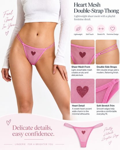 3-Pack Rhinestone Heart Sheer Mesh Thong Panties