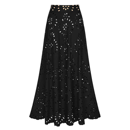 Black Laser Cutting Flower Hollow One Piece Swimsuit and Skirt