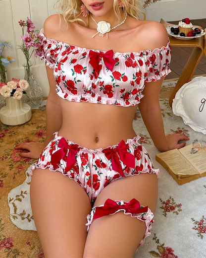 Rose Print Ruffle Lingerie Set with Thigh Garter