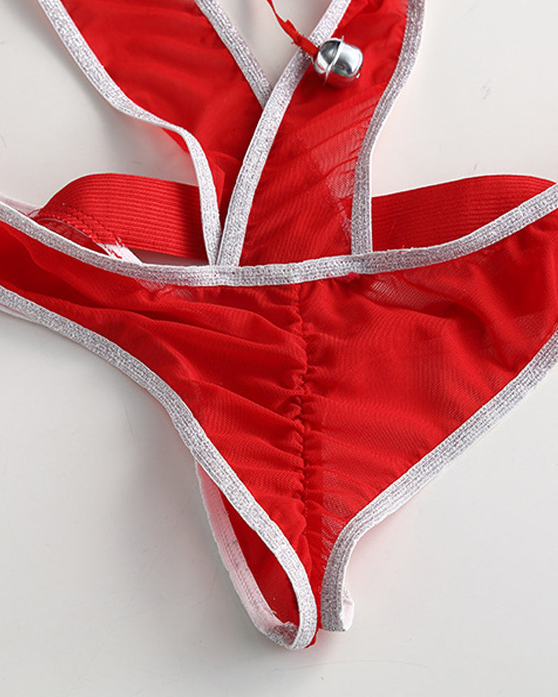 Christmas Sexy Deep V Bell Decorated Bodysuit Lingerie with Santa Hat Headband Set