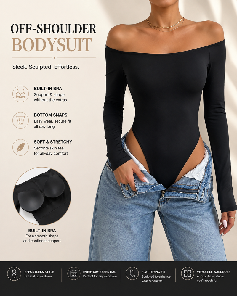 Sexy Long Sleeve Slim Fit Off Shoulder Bodysuit with Built-In Bra