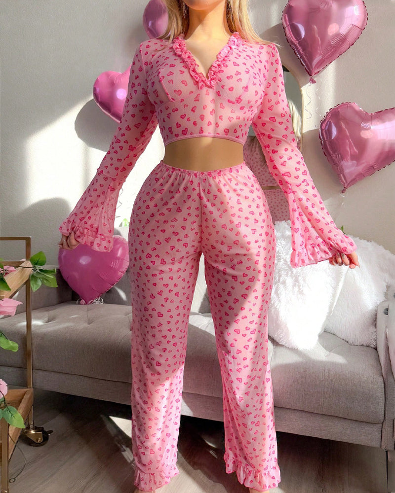 Valentine's Day Heart Print V-Neck Flared Long-Sleeved Top and Pants Pajama Set