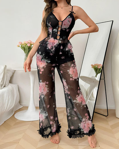 Sexy Floral Mesh See-through Ruffled Camisole and Trousers Pajama Set