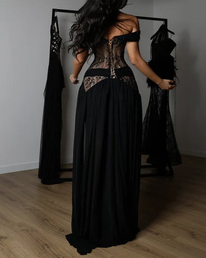 Off-Shoulder Lace Corset Chiffon Thigh Slit Maxi Dress