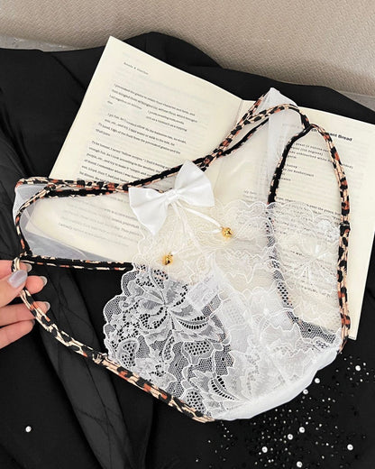 Leopard Print Lace Patchwork Mesh See-through Cutout Bell Bow Decoration Panties