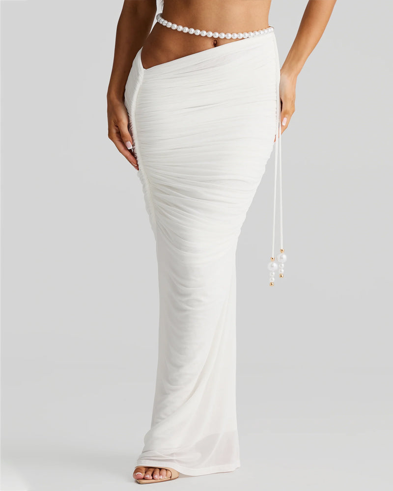Pearl-embellished Sexy Cropped Tube Top Low-waisted Bodycon Maxi Skirt Suit