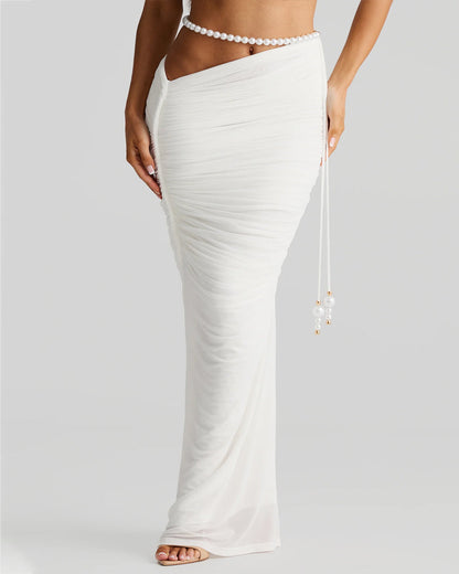 Pearl-embellished Sexy Cropped Tube Top Low-waisted Bodycon Maxi Skirt Suit