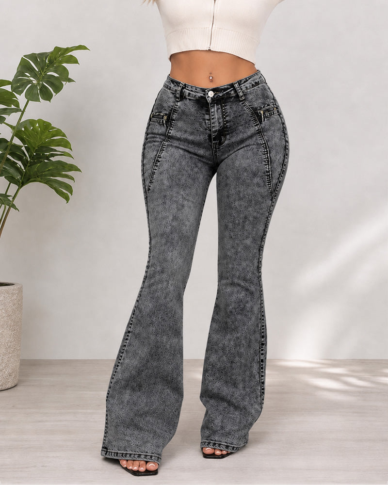 High Waist Stretch With Pockets Flared Washed Jeans