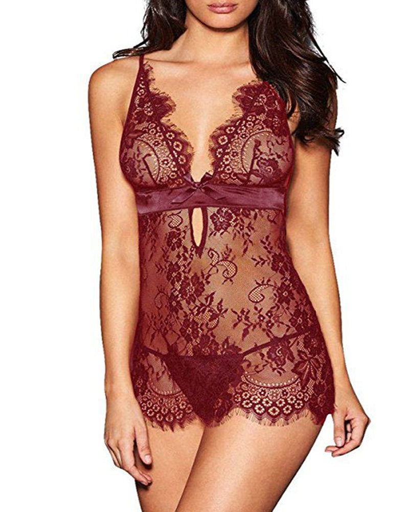 Sexy Deep V See-Through Eyelash Lace Camisole Nightgown