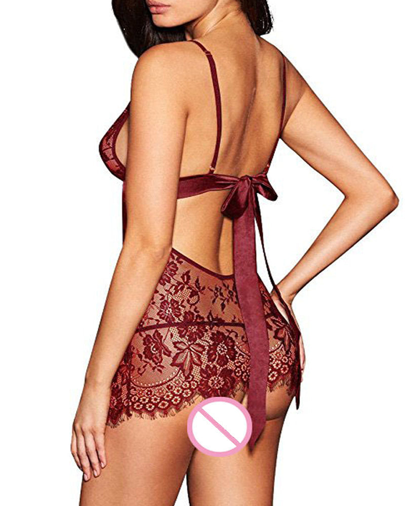 Sexy Deep V See-Through Eyelash Lace Camisole Nightgown