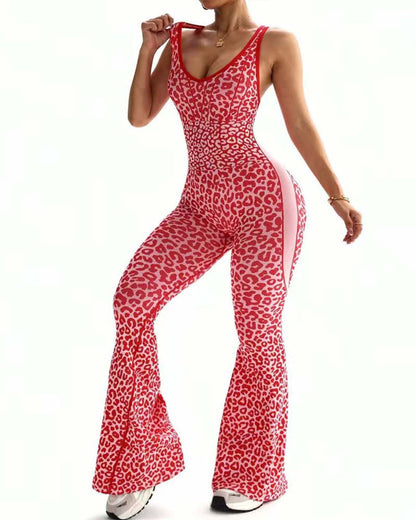 Leopard Print Crossback Seamless Elastic Yoga Fitness Jumpsuit