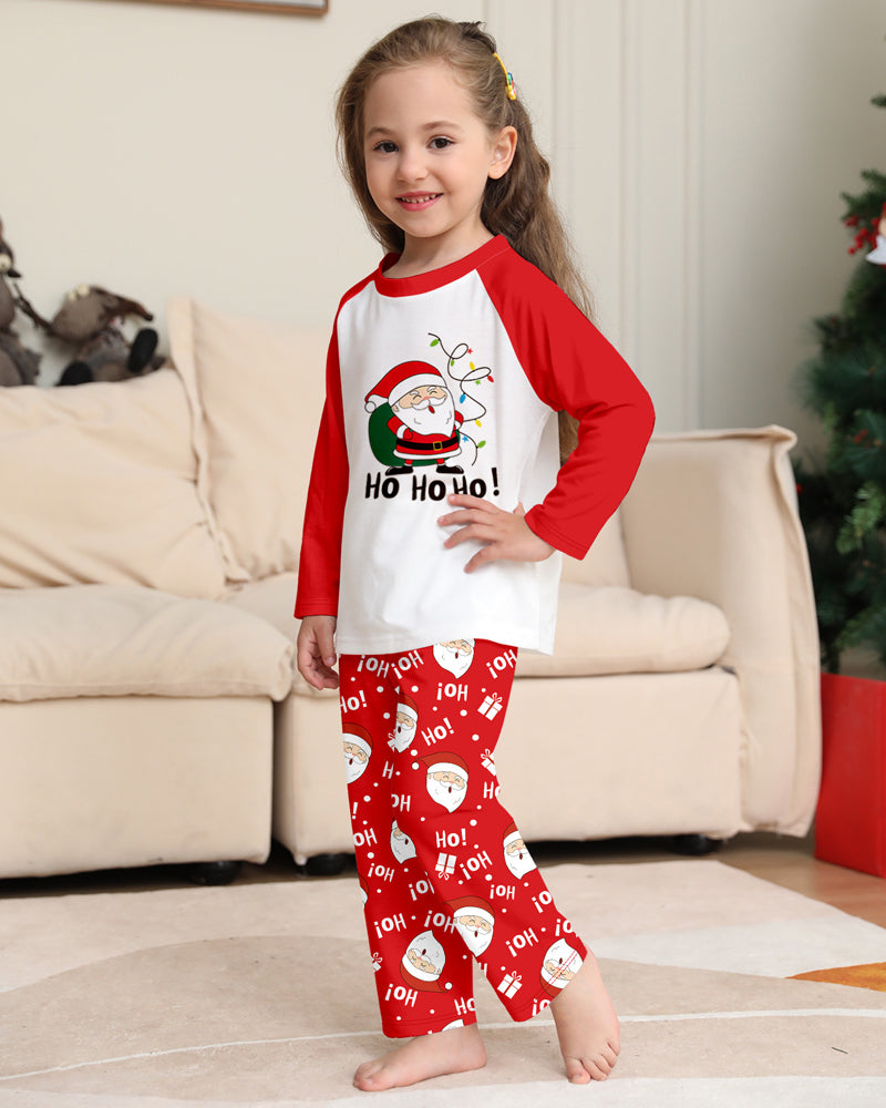 Santa Claus Print Round Neck Raglan Sleeve Color Block Parent-Child Lounge Pajama Set