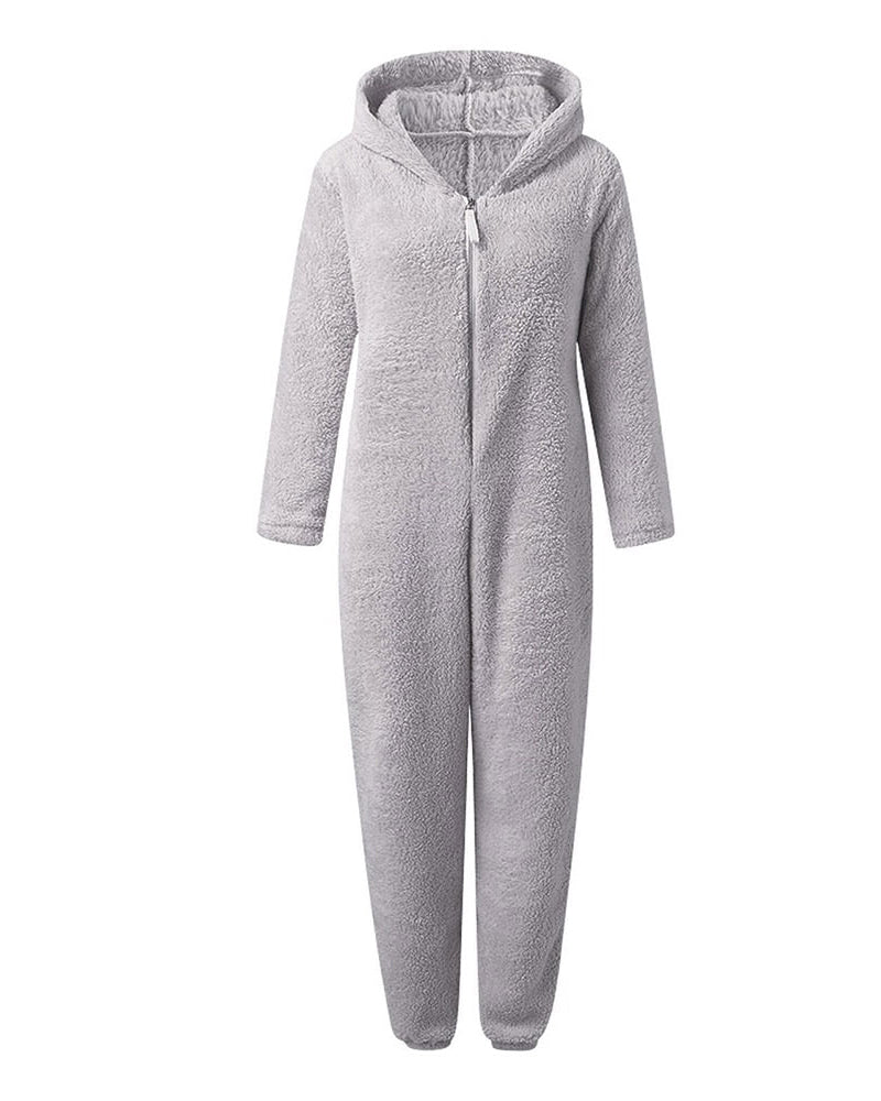 Teddy Bear Ear Zipper Hooded Plush Long-Sleeved Pants Onesie Pajamas