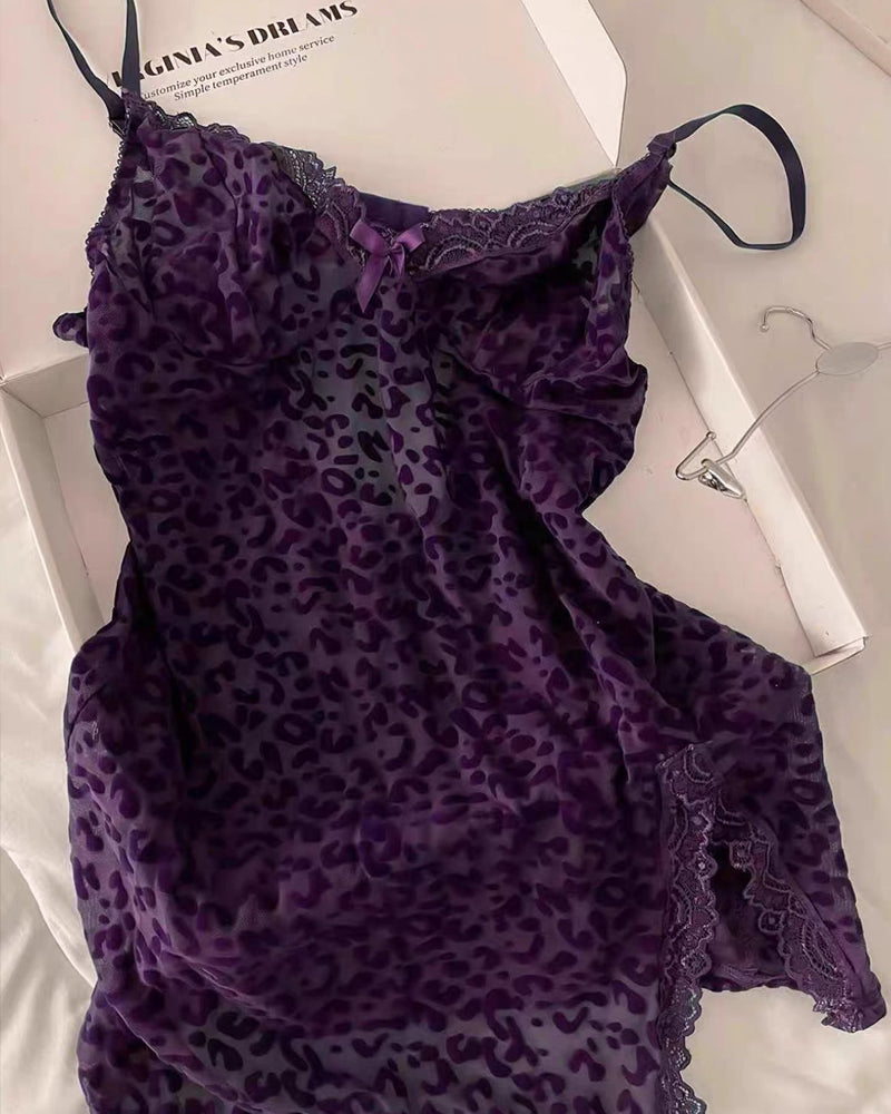 Sexy Deep V Flocked Leopard Print See-Through Mesh Bodycon Nightgown