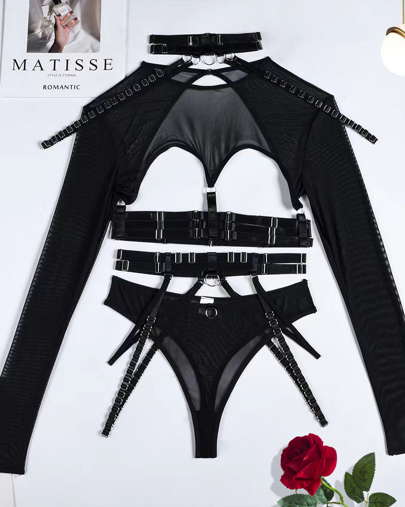 Sexy Strappy Halter Neck Corset Mesh Long-sleeved Lingerie Set