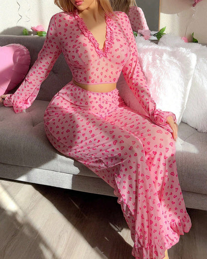 Valentine's Day Heart Print V-Neck Flared Long-Sleeved Top and Pants Pajama Set