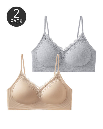 2-Pack Deep V Seamless Lace Trim Wire-Free Push-Up Bra