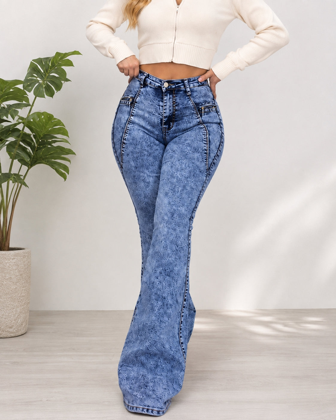 High Waist Stretch With Pockets Flared Washed Jeans